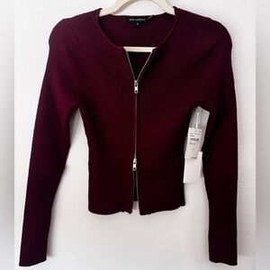 Good American Maroon Ribbed Zip-Up Top